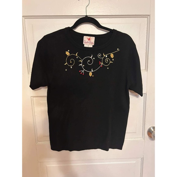 Quacker Factory Midnight Mistletoe Top Black Gold Embroidered Holiday Sweater XS - Picture 2 of 5